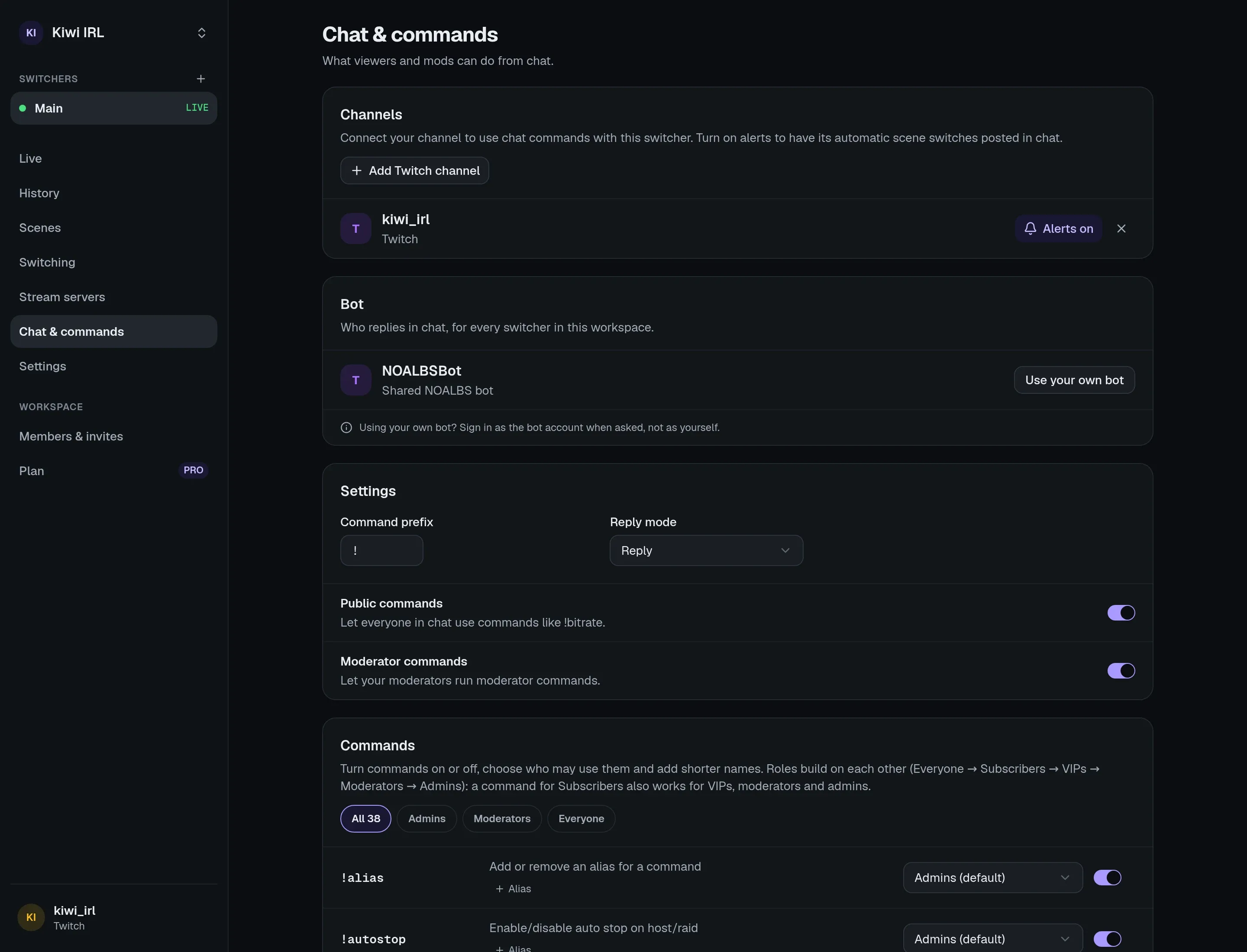 The Chat & commands page: a linked Twitch channel, the shared NOALBS bot, the prefix and reply settings, and the start of the command list.