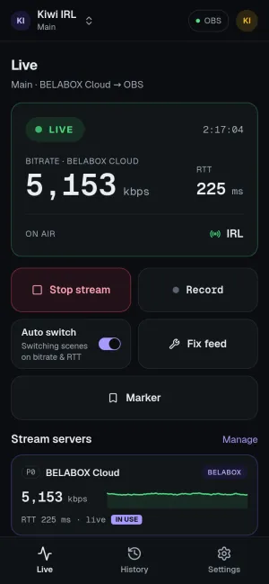 The Live page on a phone: LIVE at 5,348 kbps, with Stop stream, Record, Auto switch, Fix feed and Marker, and the tabs Live, History and Settings.
