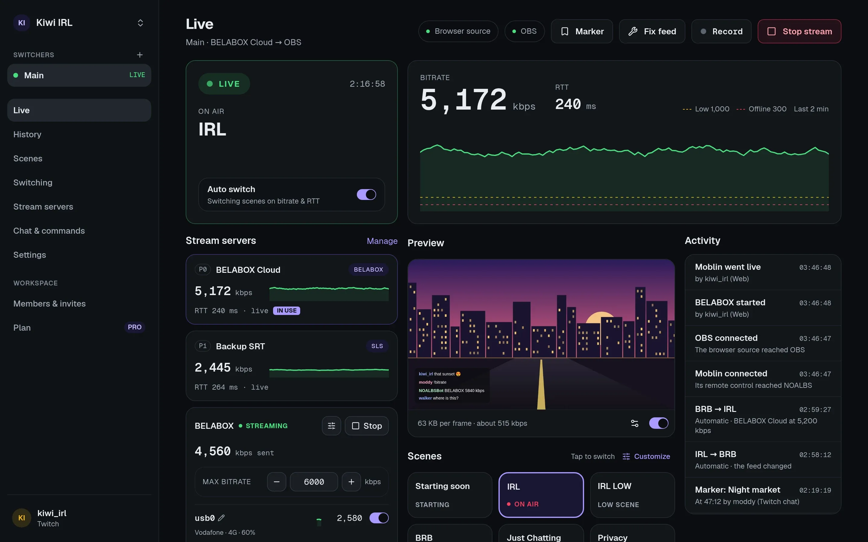 The Live page: the stream is LIVE on BELABOX Cloud, with its bitrate chart, the stream servers, OBS’s preview, the scenes and the activity.