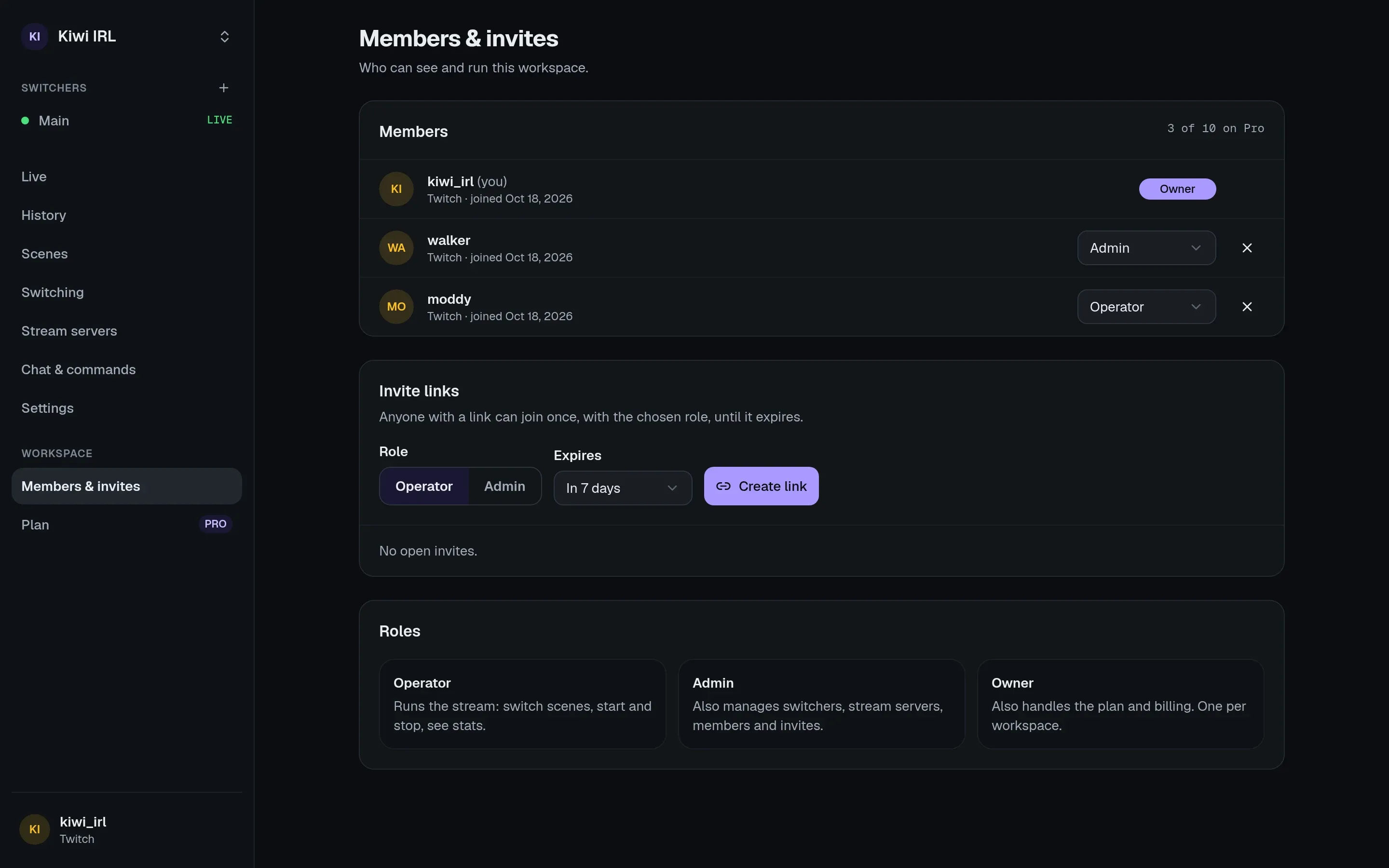 Members & invites: an owner, an admin and an operator, the invite link form and what each role may do.