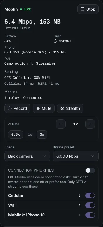 The Moblin card: live at 6.4 Mbps, battery, heat, the phone's CPU, a DJI camera, bonding over cellular and WiFi, a Moblink relay, and the controls.