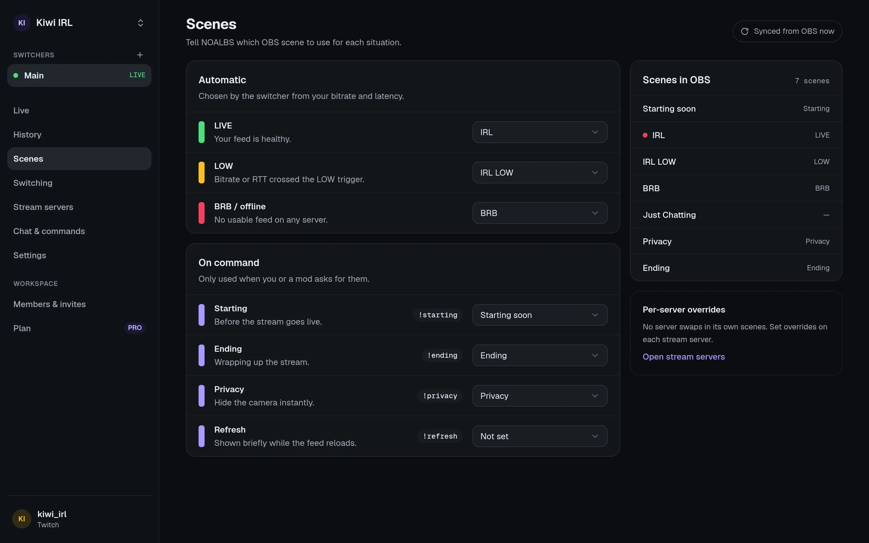 The Scenes page: LIVE, LOW and BRB scenes picked from OBS, plus Starting, Ending, Privacy and Refresh.