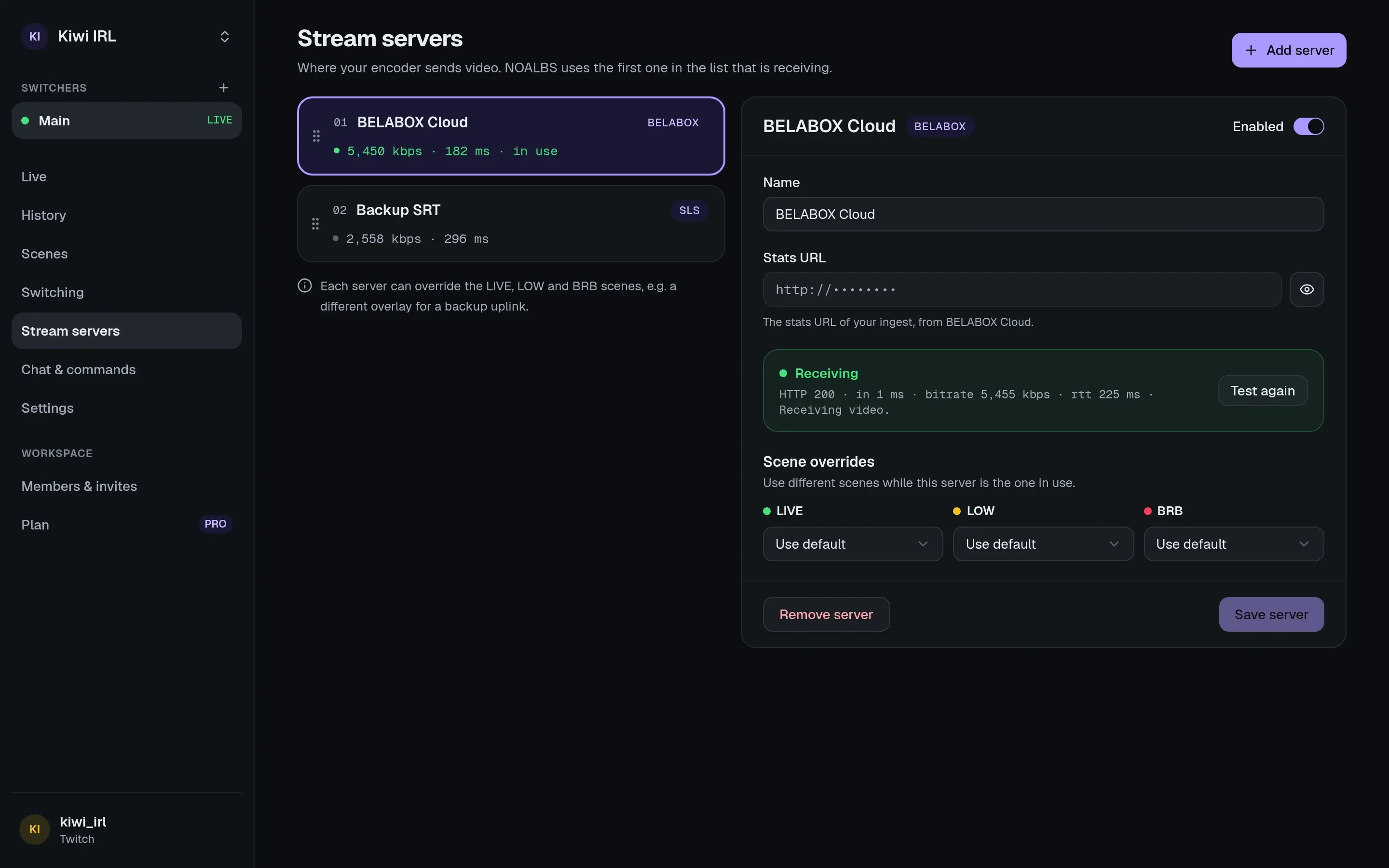The Stream servers page: BELABOX Cloud in use and a backup SRT server, with the selected server’s settings, test result and scene overrides.