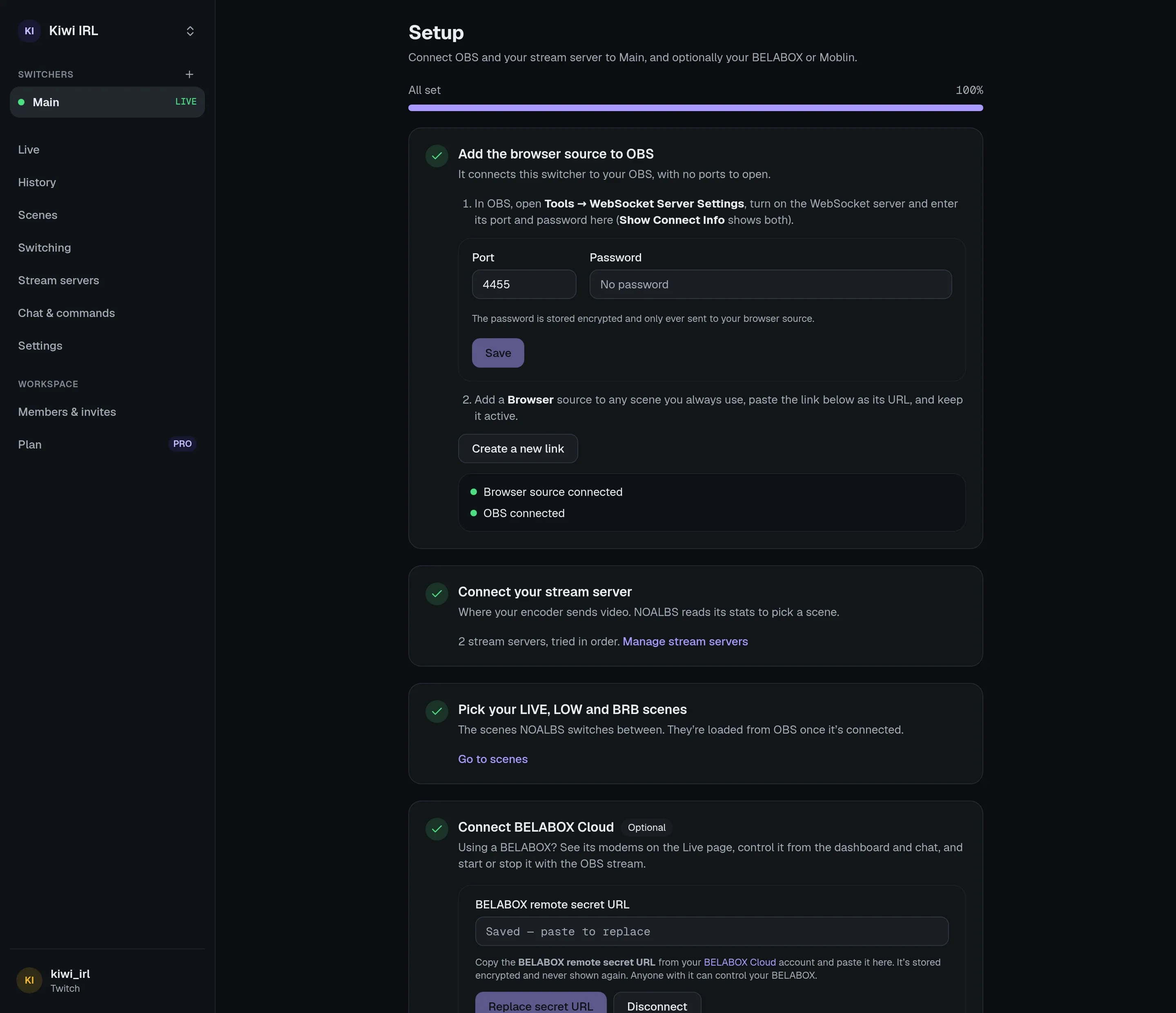 The Setup page with every step done: OBS’s WebSocket port, the browser source and OBS connected.