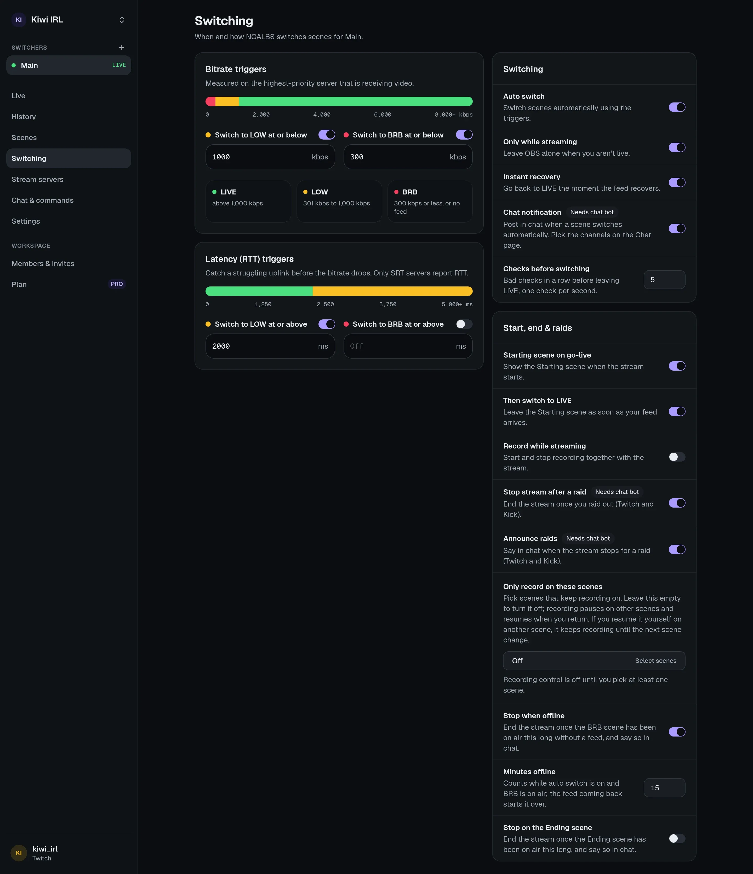 The Switching page: bitrate and RTT triggers on the left, switching, start, end and raid settings on the right.